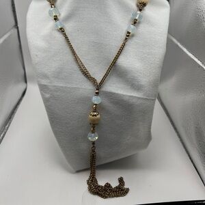 Suen Triple strand gold tone faux rhinestones necklace with pendant tassle